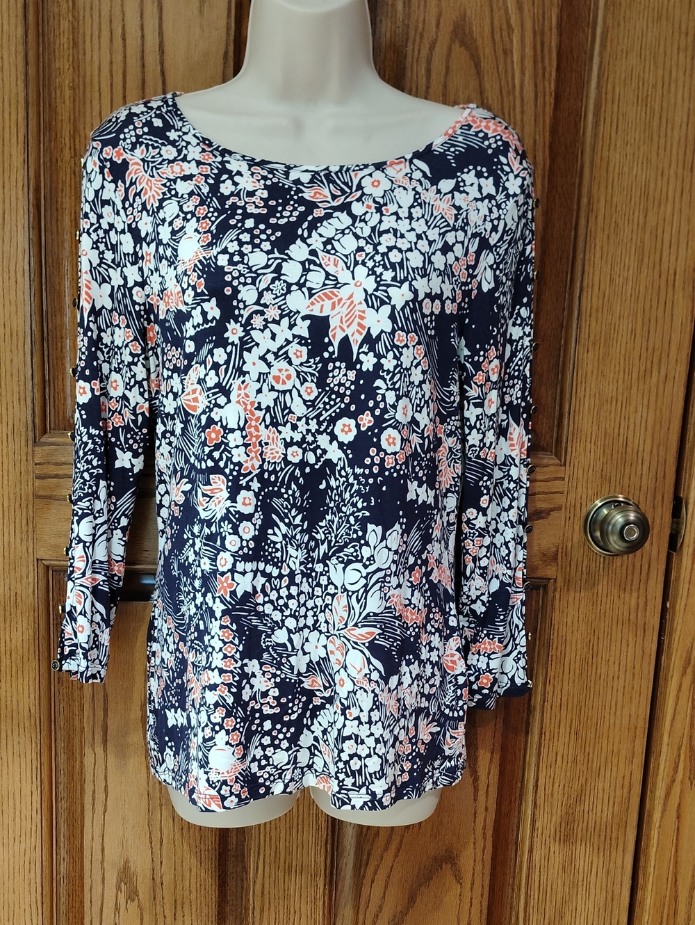 Lovely Black, Peach & White Floral Cable & Gauge Top w/ Cut Out Sleeves M